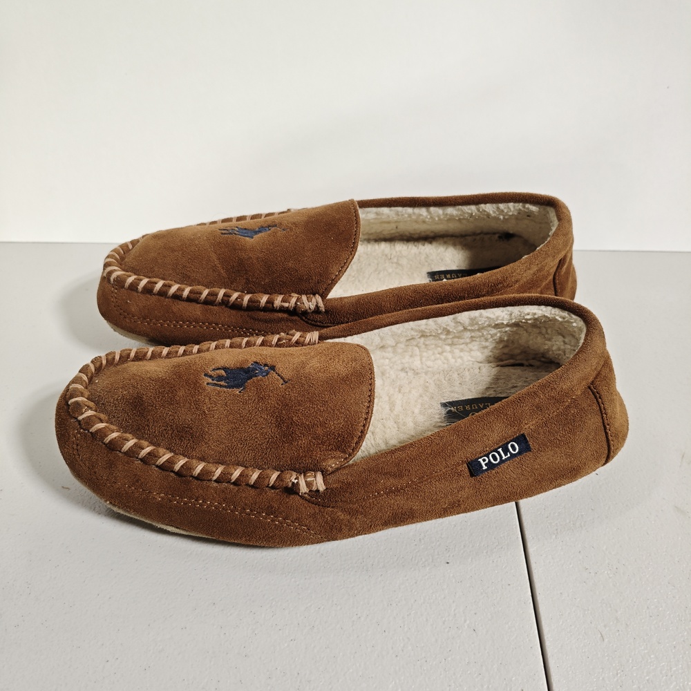 Polo Ralph Lauren Slippers Mens 8 Brown Dezi IV Faux Fur Lined Moccasin Indoor